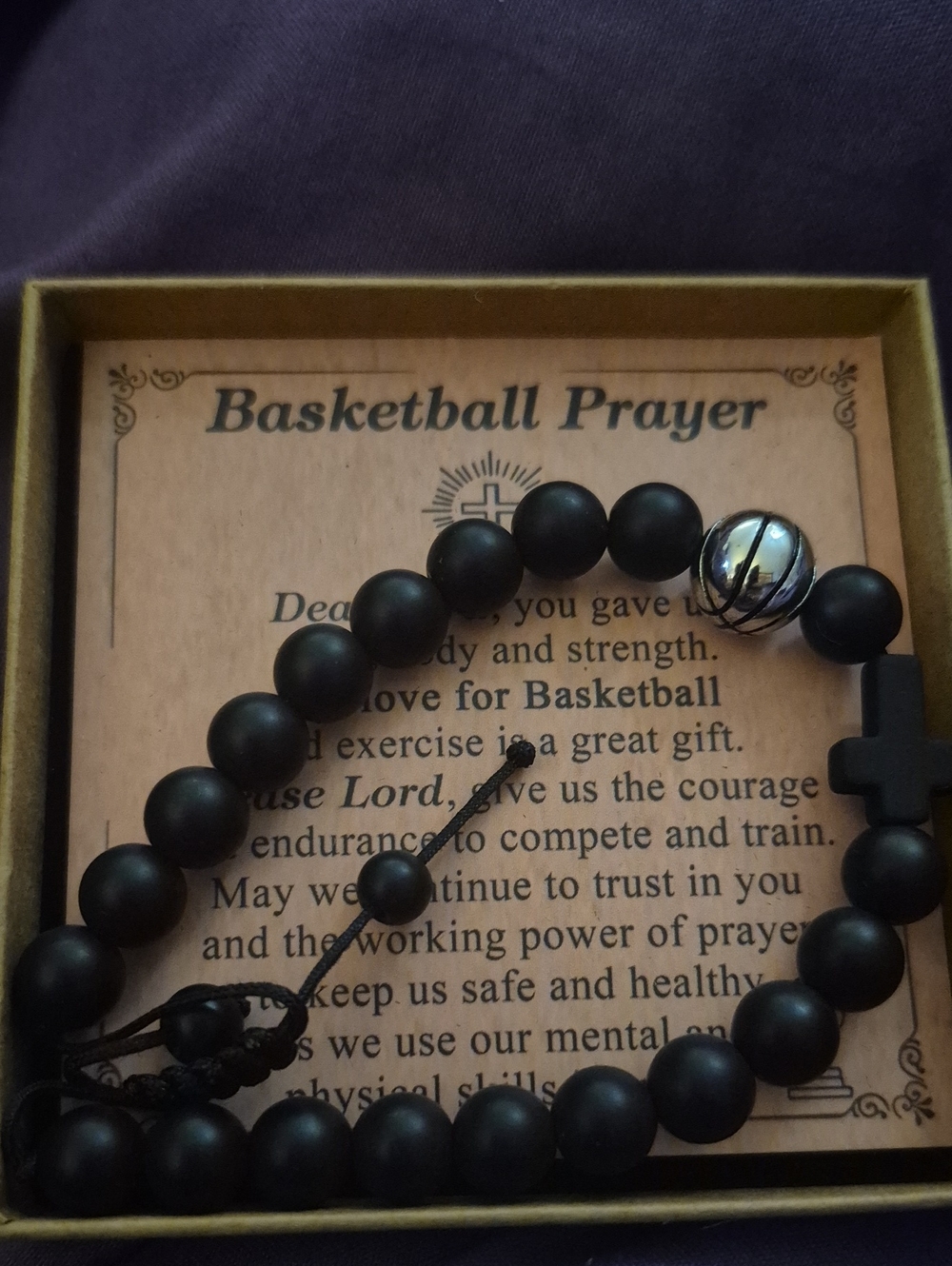 Black Matte Bead Men's Prayer Bracelet with Cross Basketball